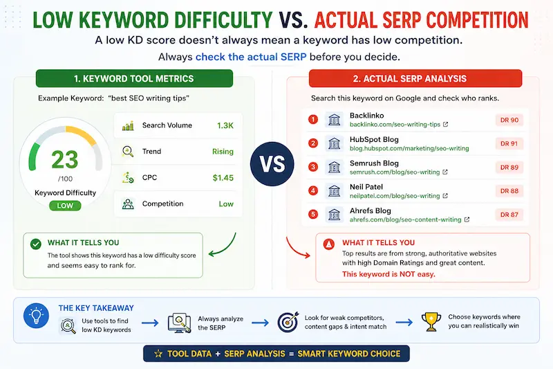 Low-competition keywords compared with keyword difficulty and SERP competition