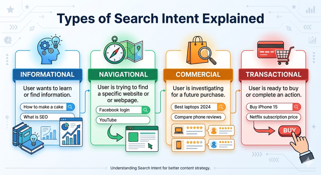 types of search intent informational navigational commercial transactional