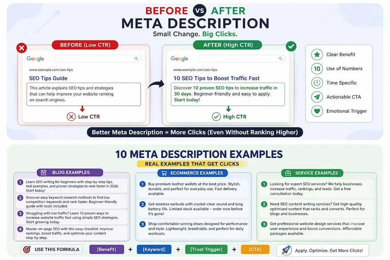 Before and after meta description CTR comparison