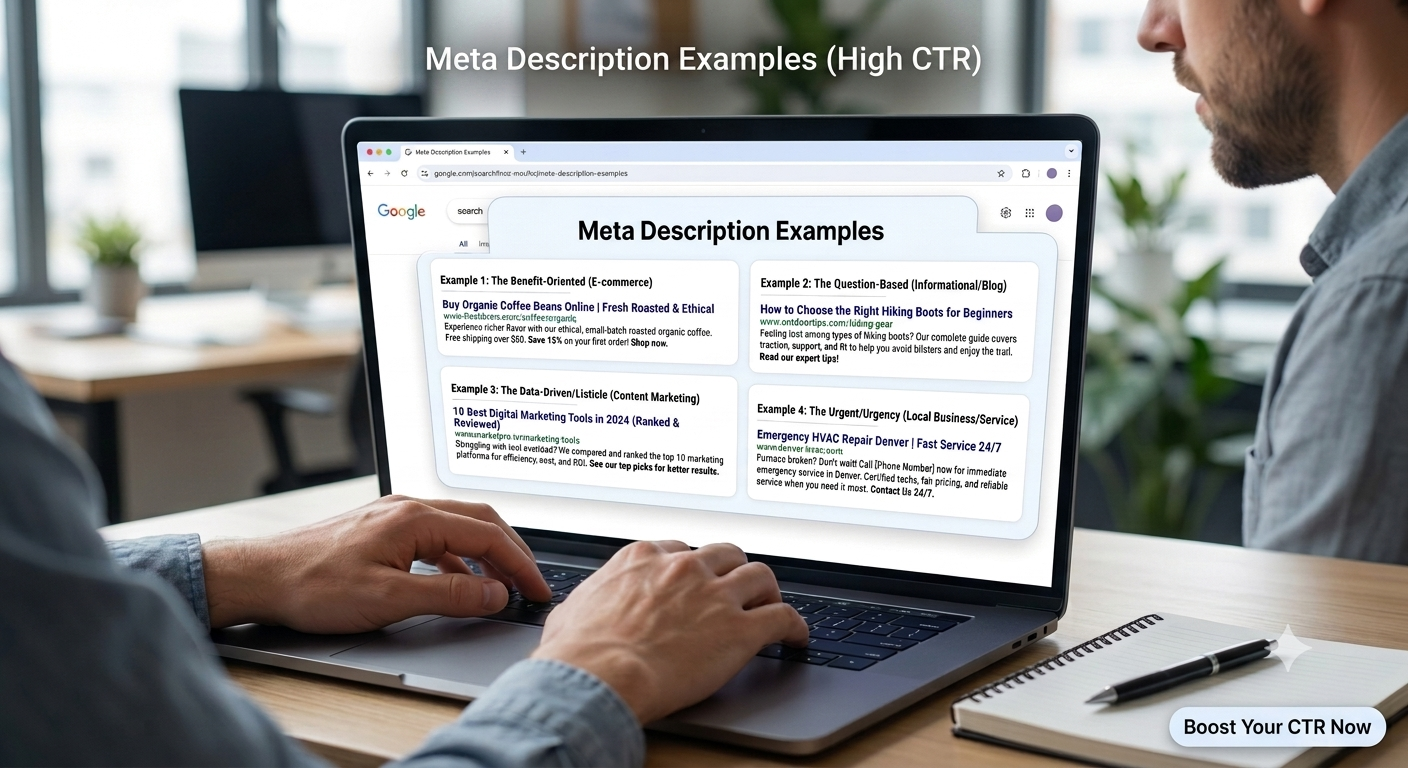 Meta description examples shown on laptop screen for higher CTR