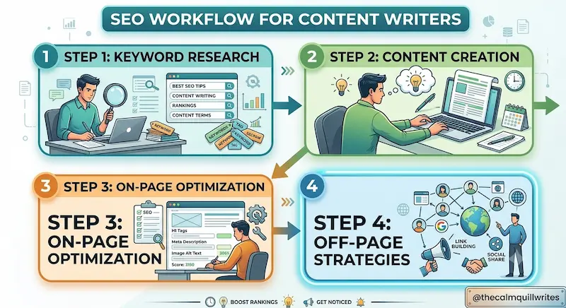 SEO workflow for content writers showing keyword research, content creation, on-page SEO, and off-page SEO steps